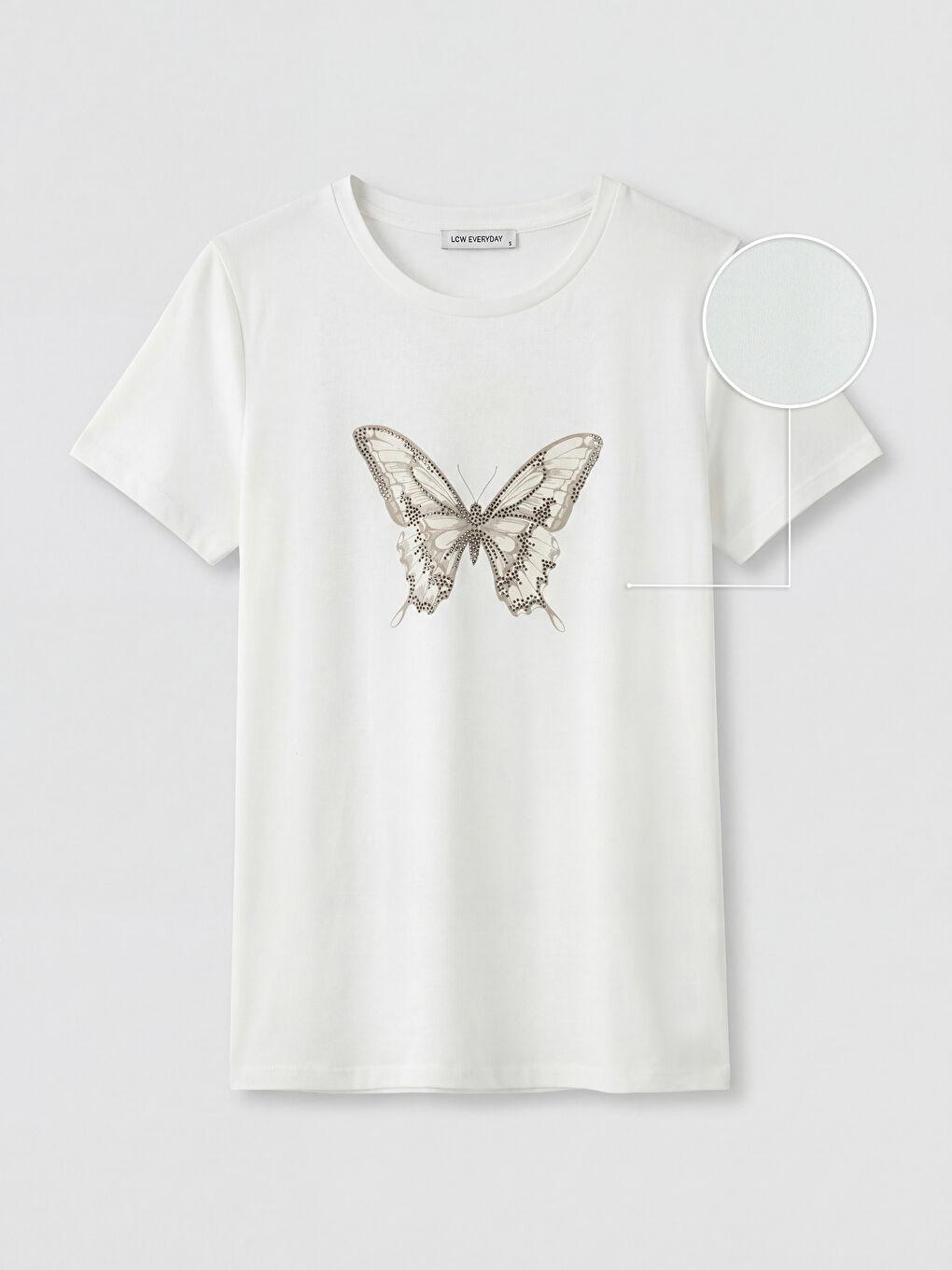 Beyaz Bisiklet Yaka Kelebek Baskılı Kadın Tişört-4