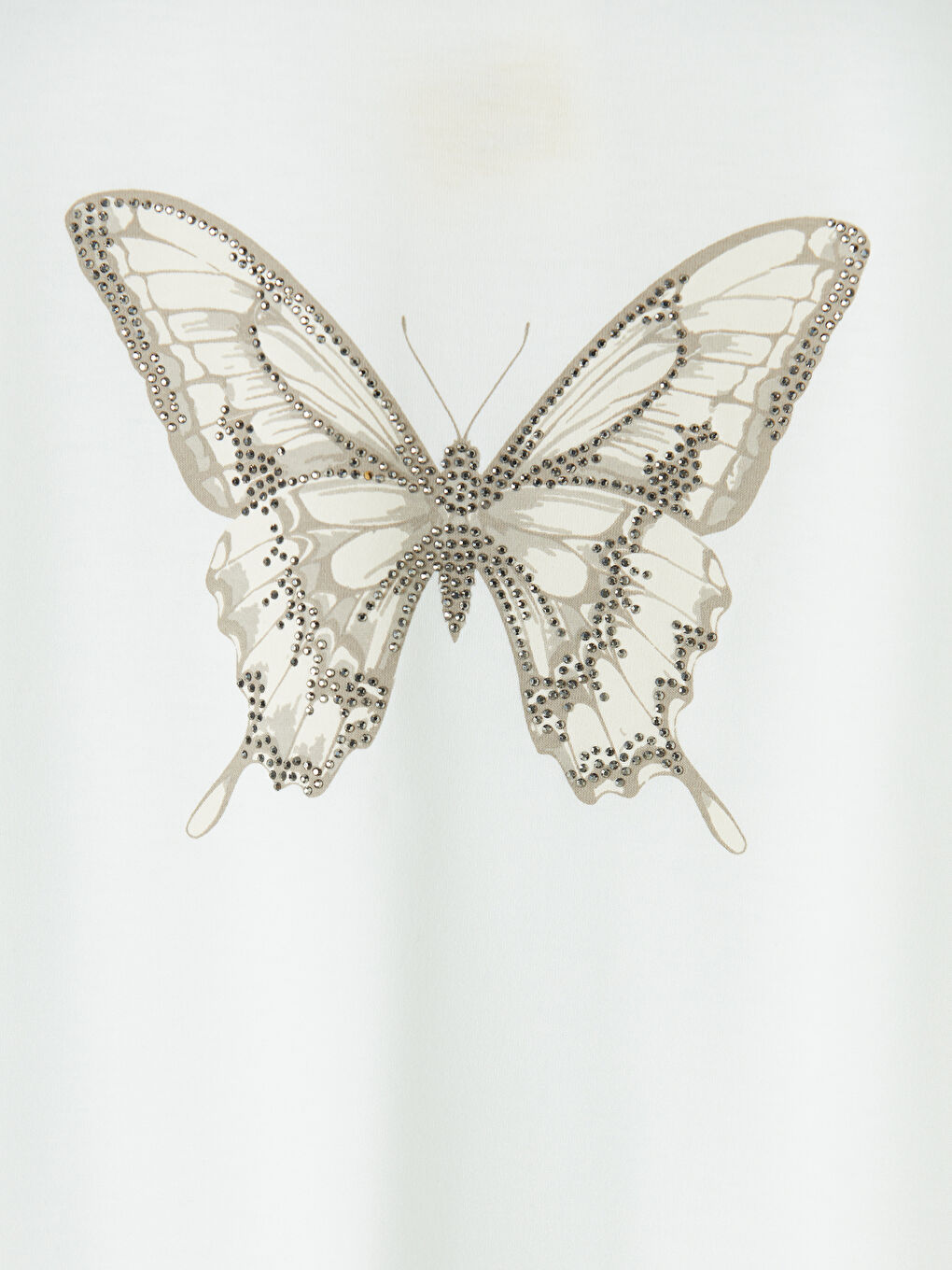 Beyaz Bisiklet Yaka Kelebek Baskılı Kadın Tişört-6