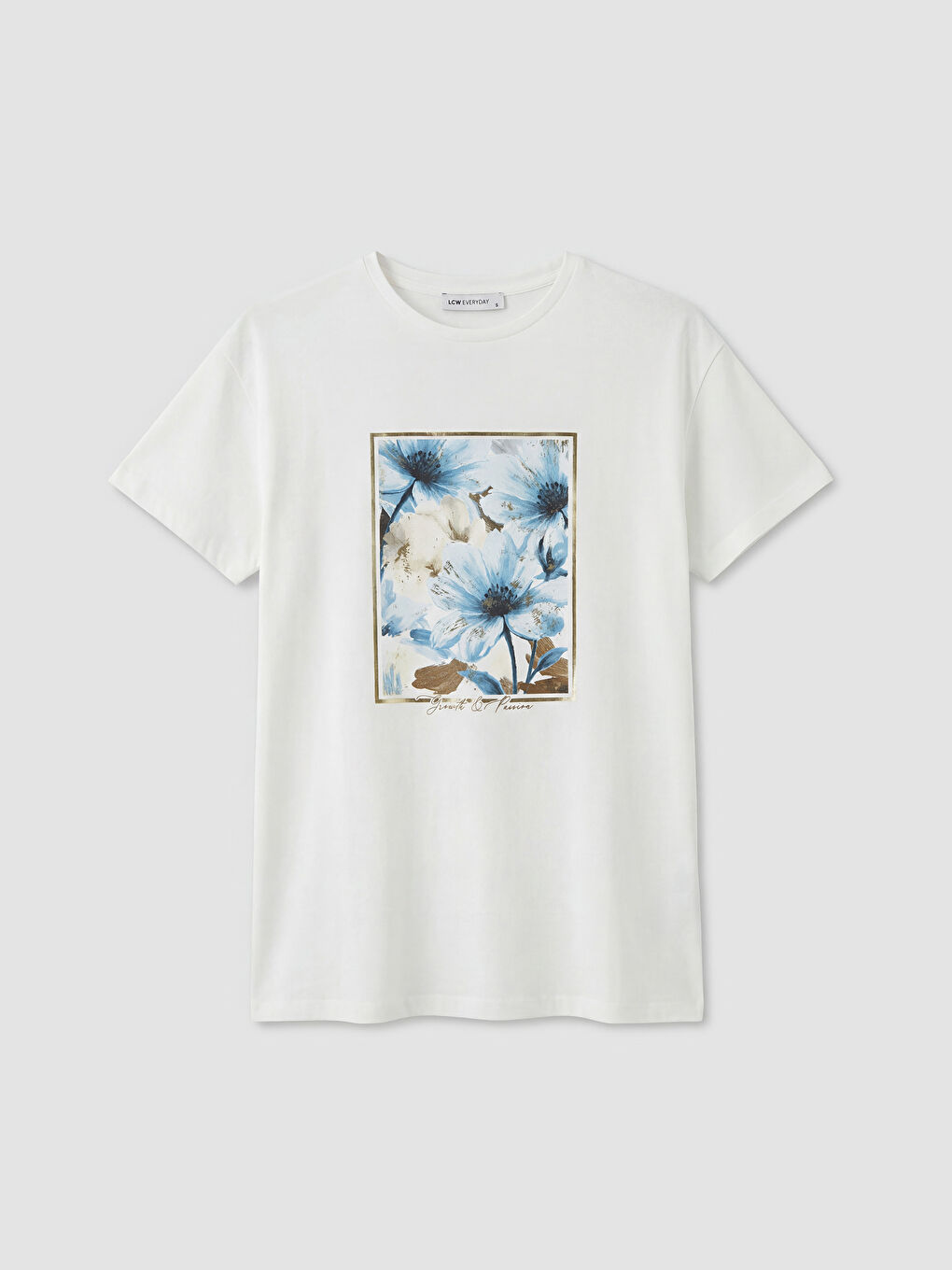 Ekru Bisiklet Yaka Baskılı Kadın Tişört