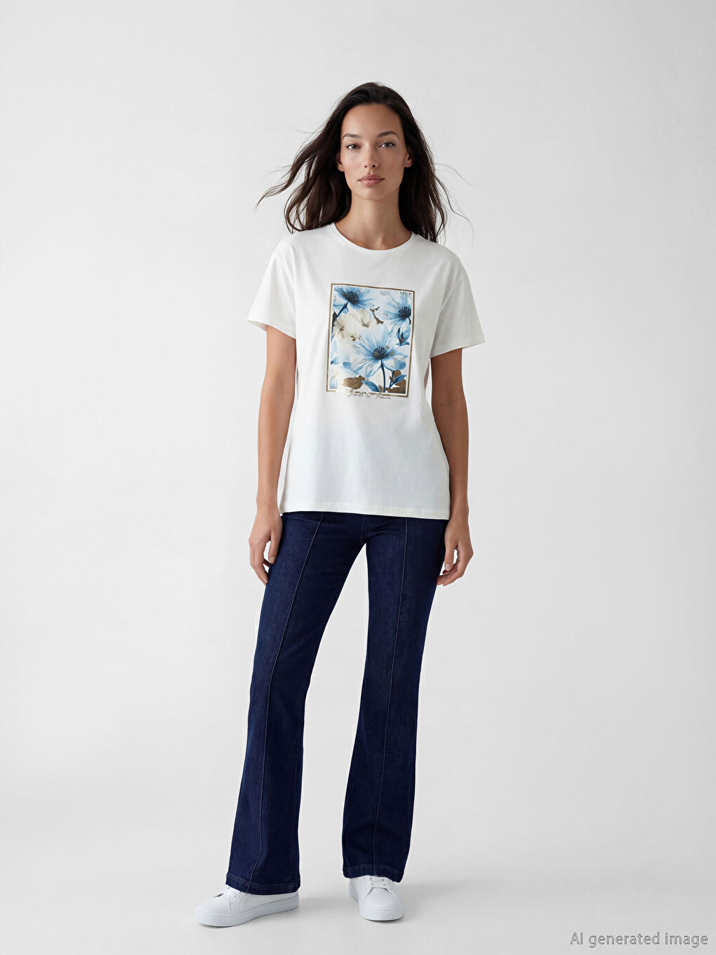 Beyaz Bisiklet Yaka Baskılı Kadın Tişört-1