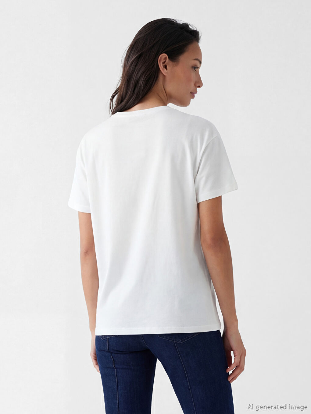 Beyaz Bisiklet Yaka Baskılı Kadın Tişört-2