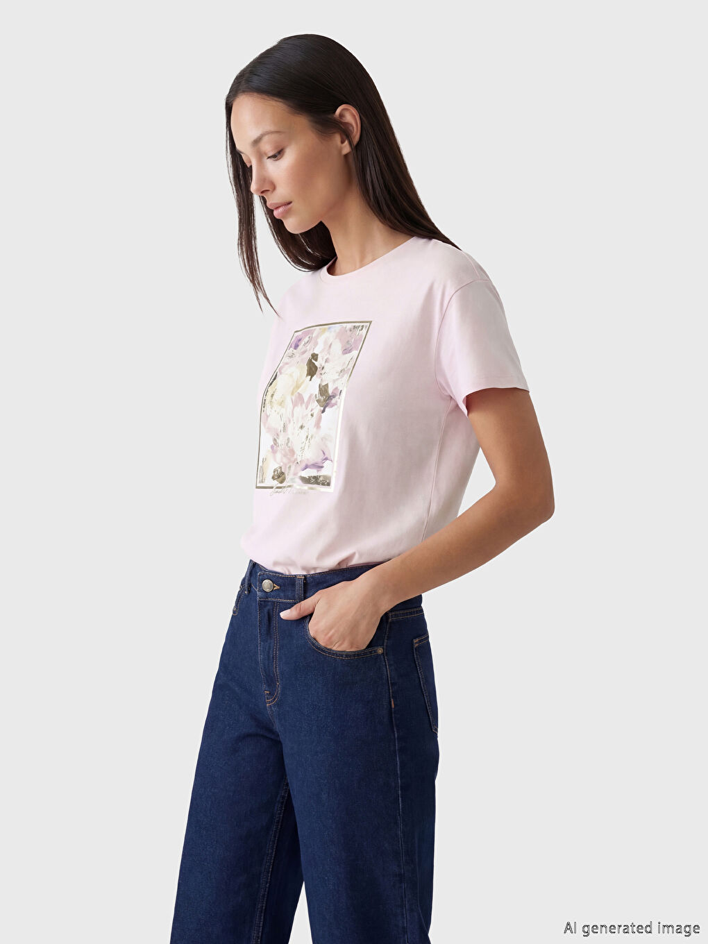 Lila Bisiklet Yaka Baskılı Kadın Tişört