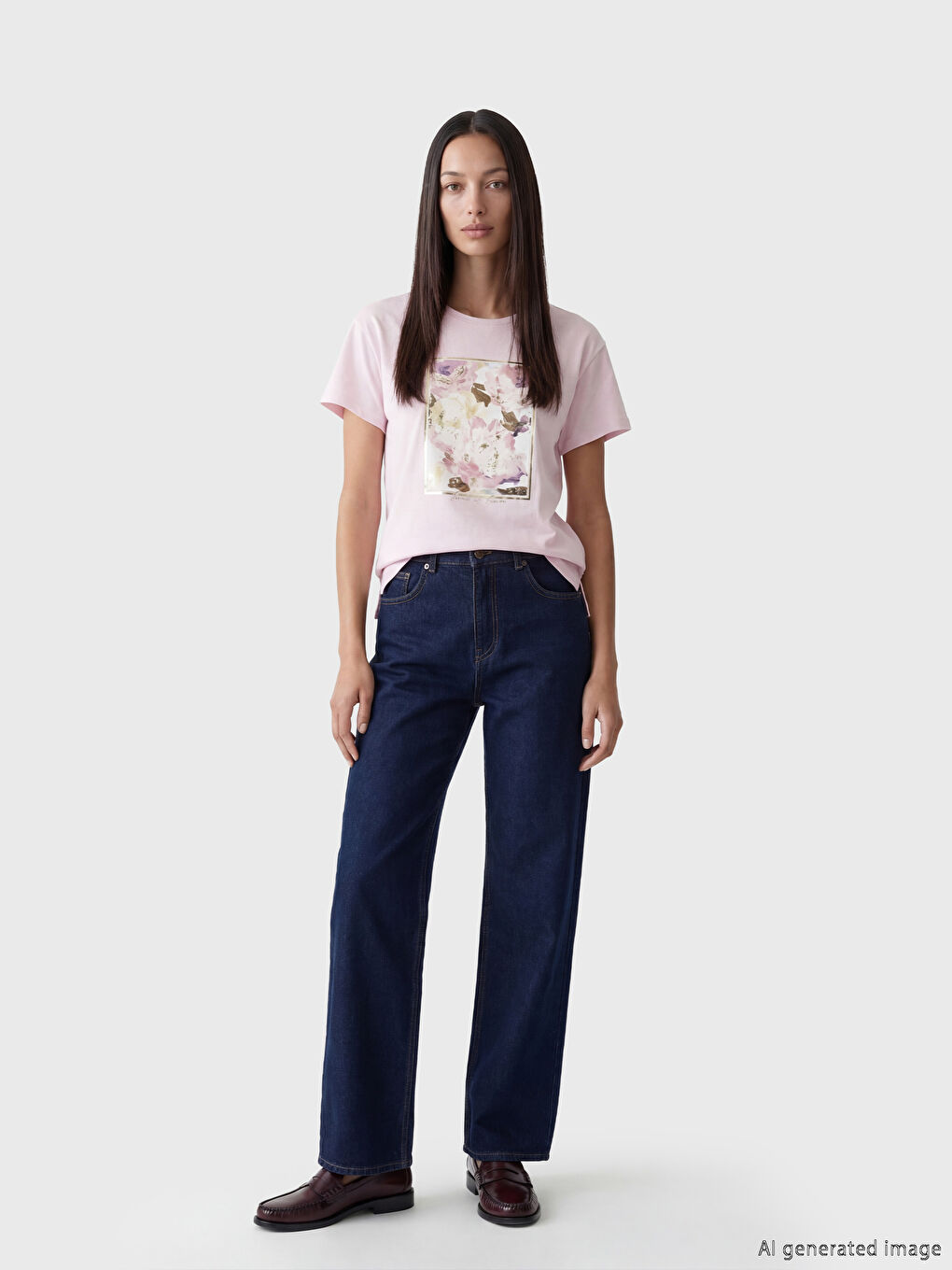 Lila Bisiklet Yaka Baskılı Kadın Tişört-1