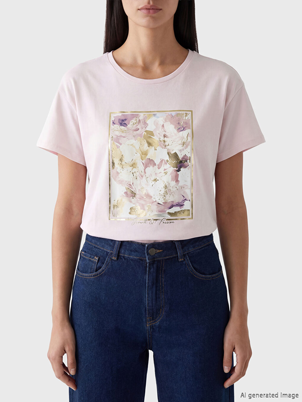 Lila Bisiklet Yaka Baskılı Kadın Tişört-2