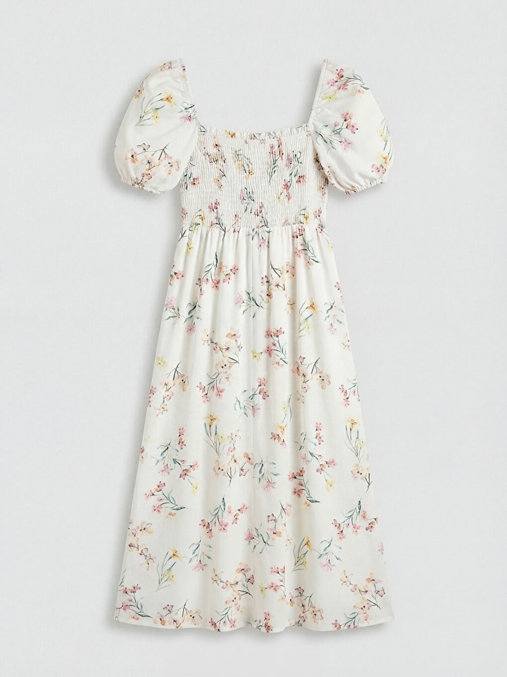 Pembe Çiçekli Büzgülü Keten Karışımlı Elbise-4