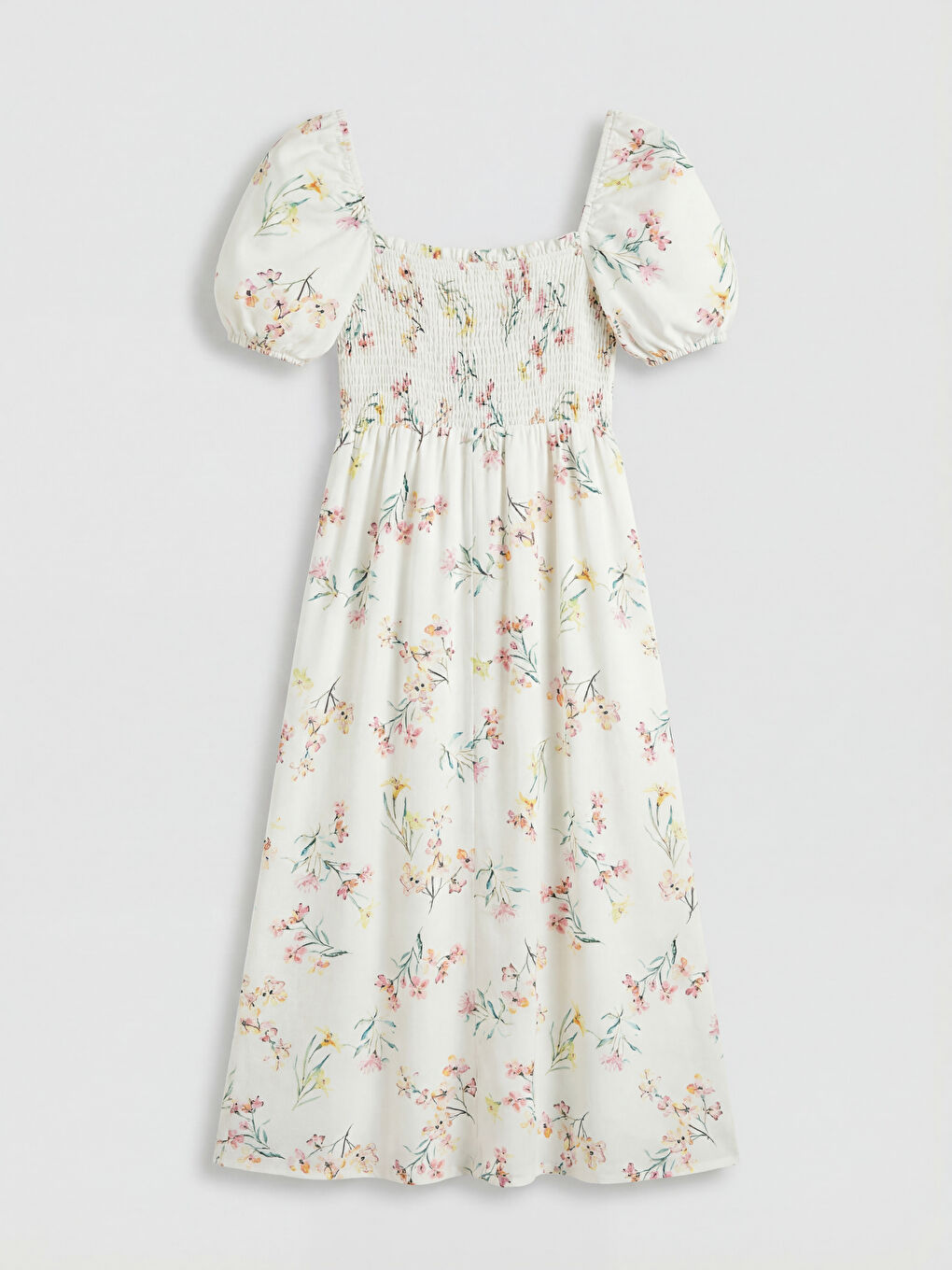 Pembe Çiçekli Büzgülü Keten Karışımlı Elbise-6