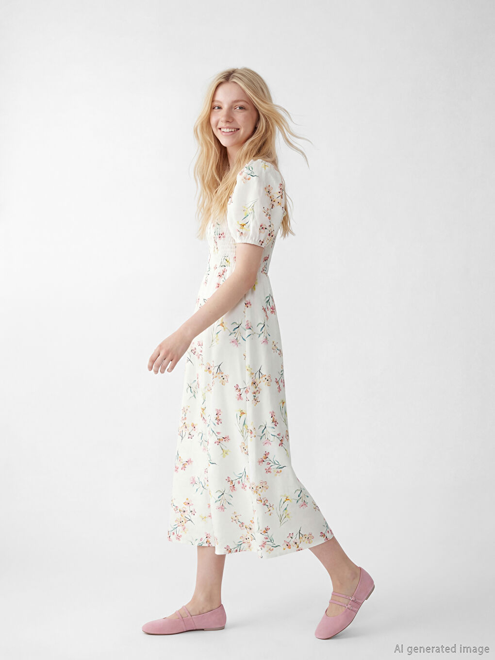 Pembe Çiçekli Büzgülü Keten Karışımlı Elbise