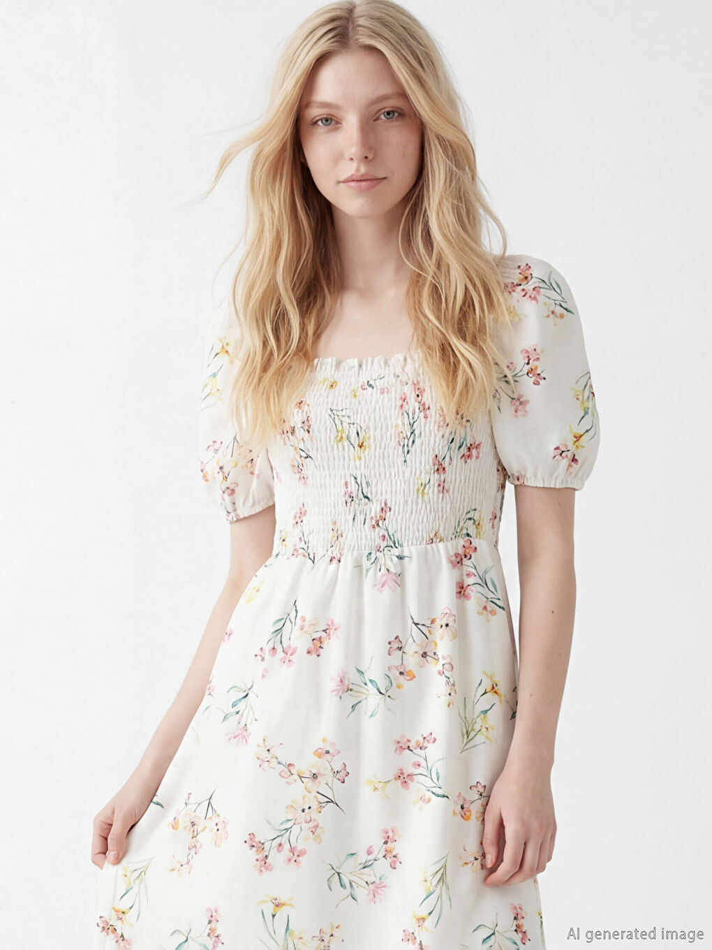 Pembe Çiçekli Büzgülü Keten Karışımlı Elbise-1