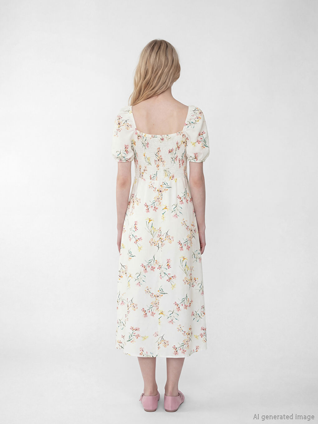 Pembe Çiçekli Büzgülü Keten Karışımlı Elbise-3