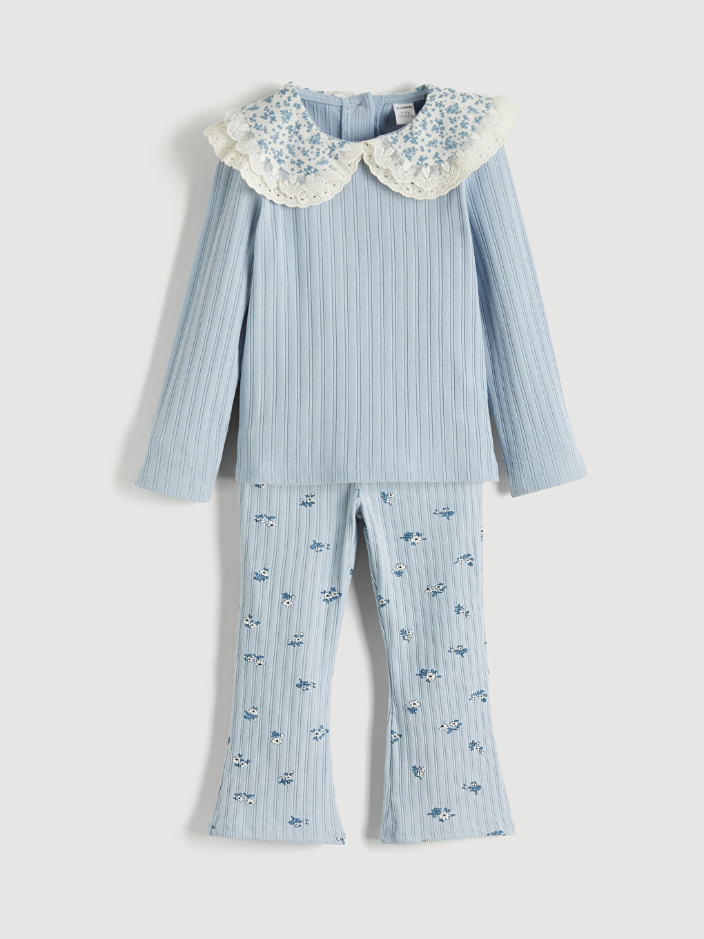 Mavi Çiçek Desenli Kız Çocuk Bluz ve Tayt