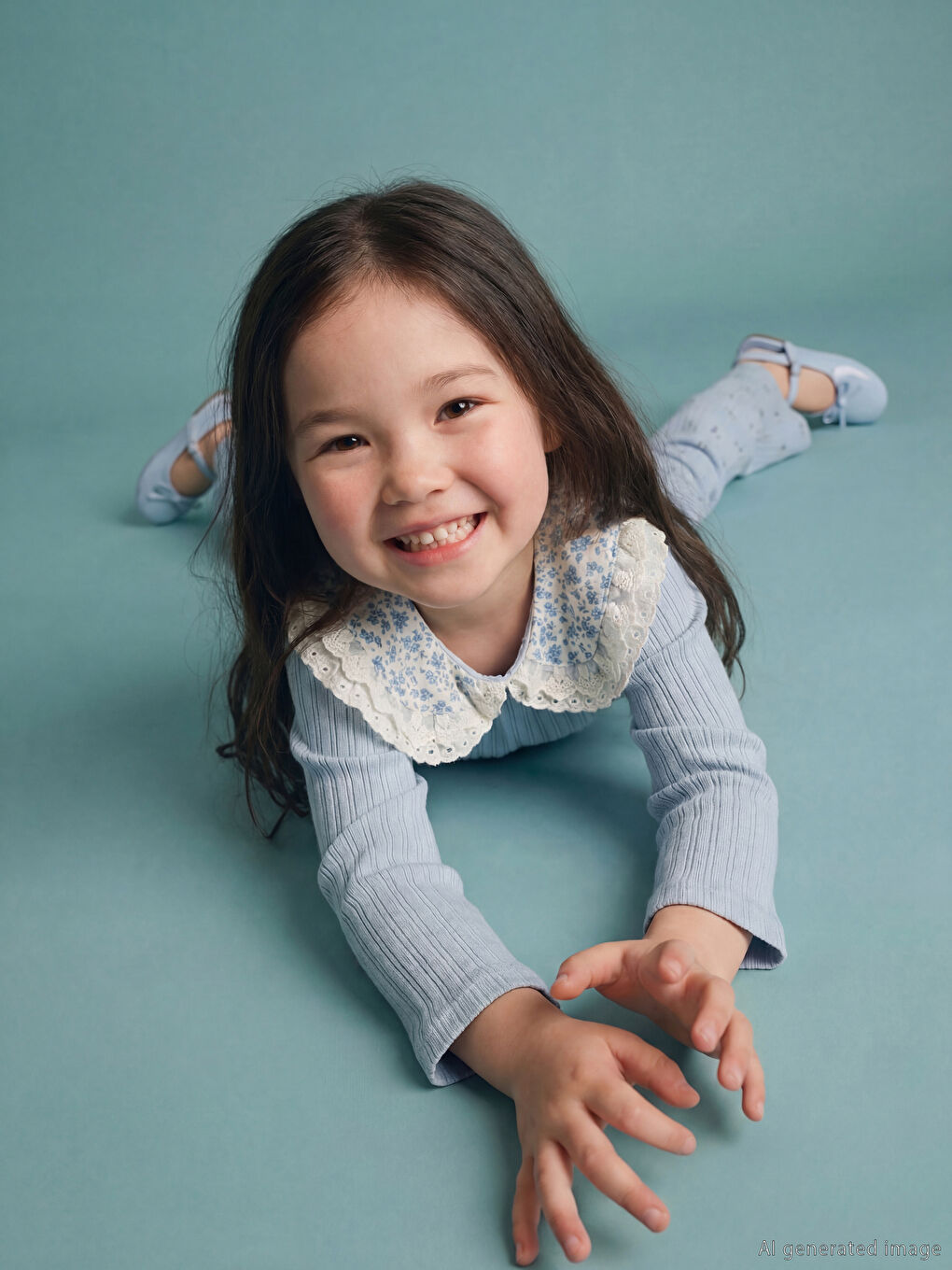 Mavi Çiçek Desenli Kız Çocuk Fitilli Bluz ve Tayt	-1