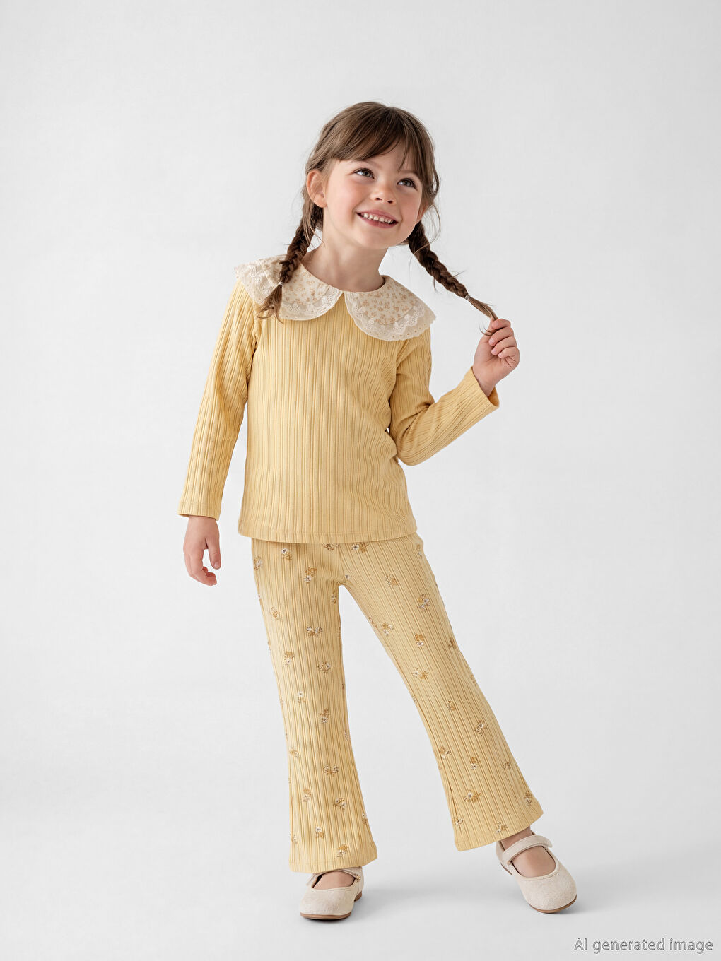 Sarı Çiçek Desenli Kız Çocuk Fitilli Bluz ve Tayt	-1