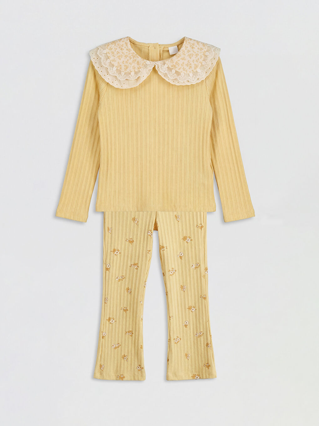 Sarı Çiçek Desenli Kız Çocuk Fitilli Bluz ve Tayt	-3