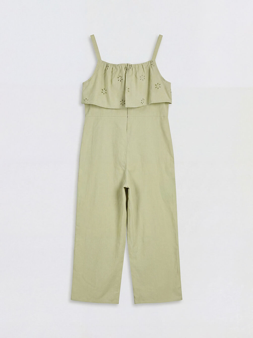 Yeşil Keten Karışımlı Fisto Detaylı Kız Çocuk Salopet-1