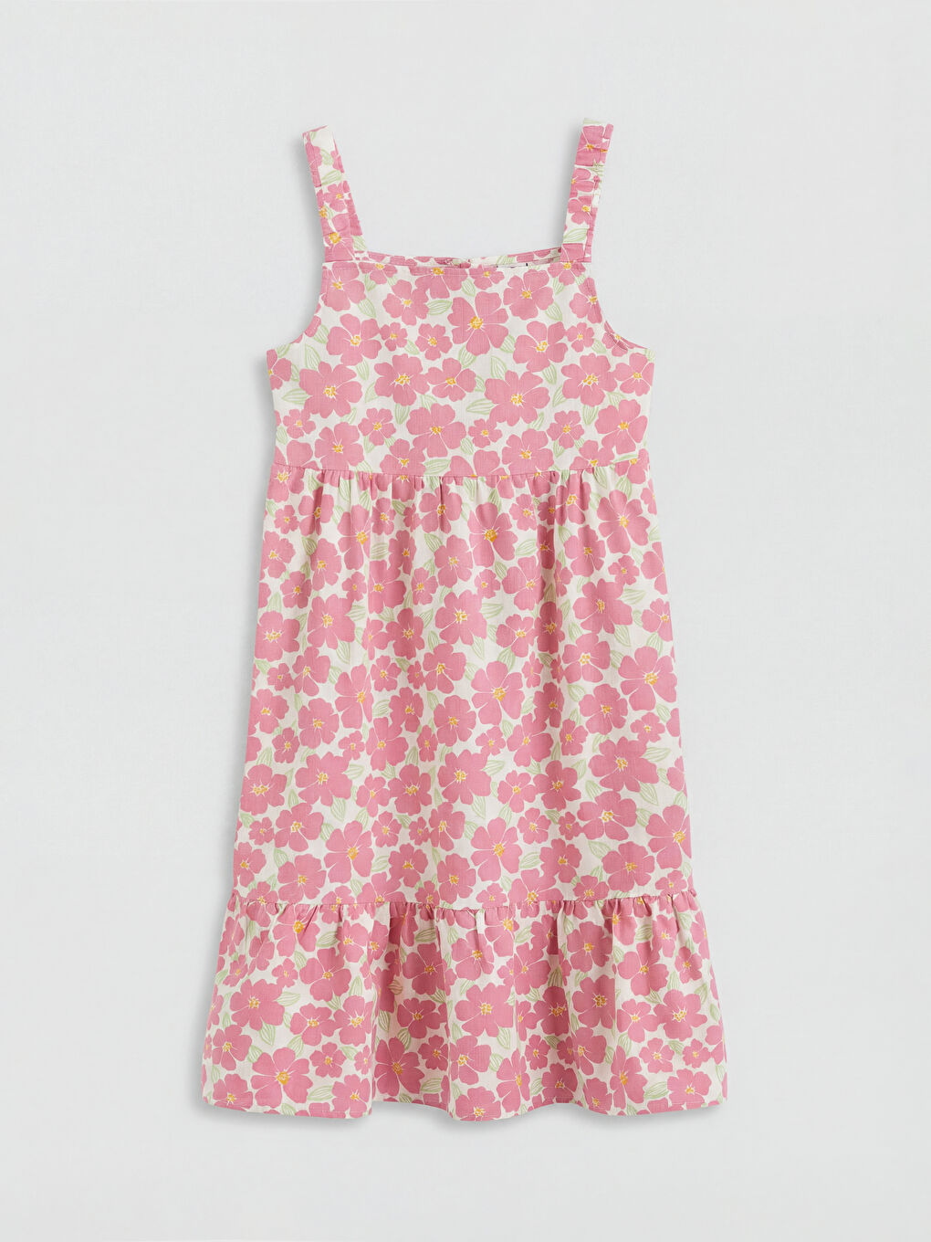 Pembe Kare Yaka Çiçekli Kız Çocuk Poplin Elbise