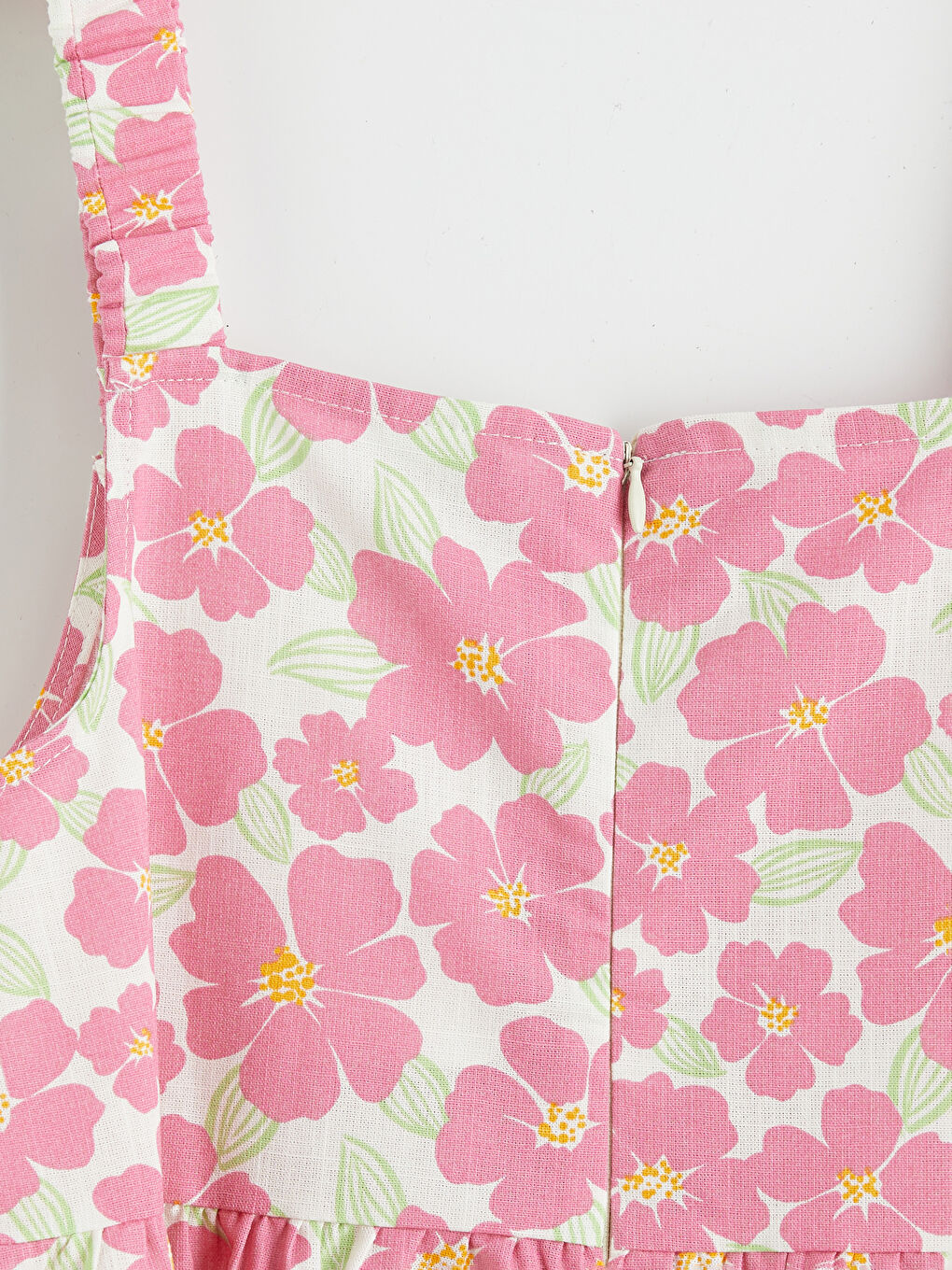 Pembe Kare Yaka Çiçekli Kız Çocuk Poplin Elbise-3