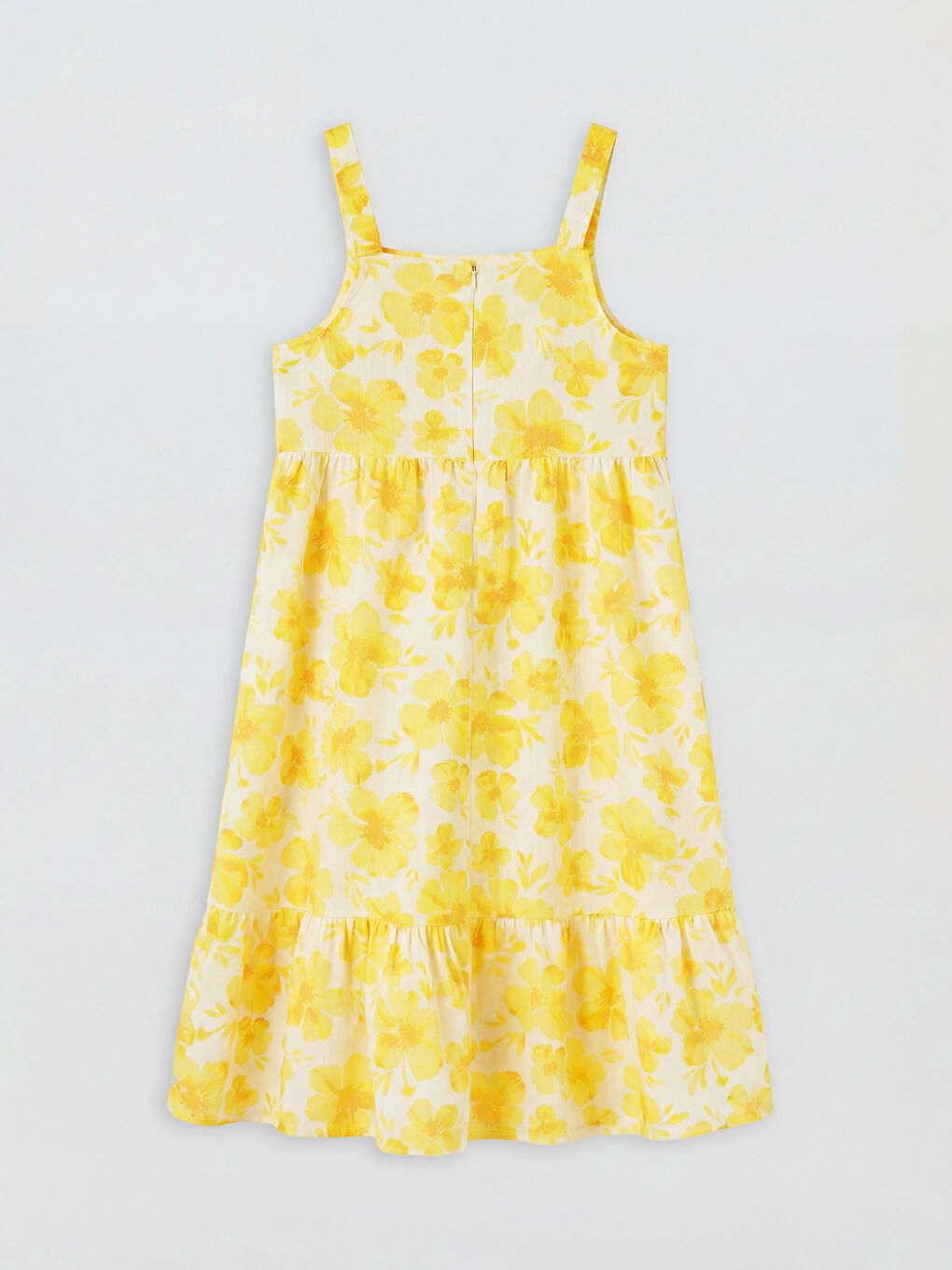 Sarı Kare Yaka Çiçekli Kız Çocuk Poplin Elbise-1
