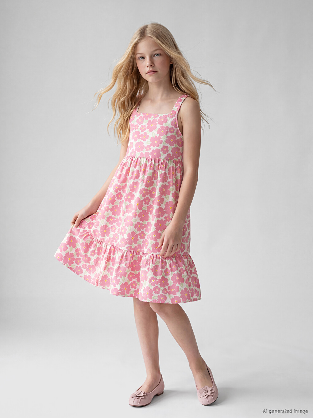Square Neck Floral Girls' Poplin Dress