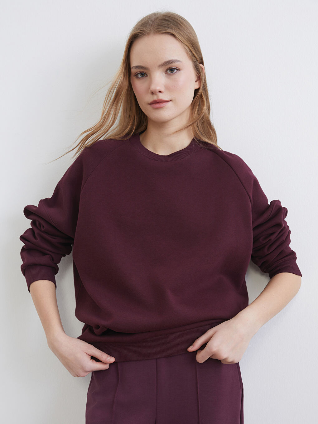 Bordo Bisiklet Yaka Oversize Kadın Kalın Sweatshirt