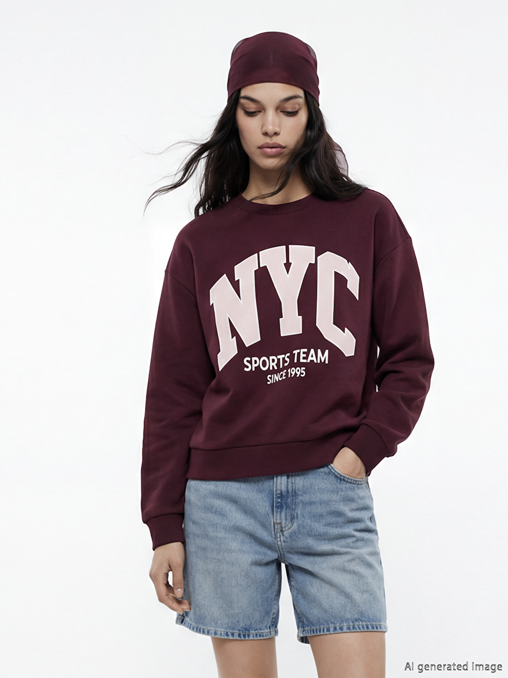 Bordo NYC Baskılı Oversize Kadın Kalın Sweatshirt