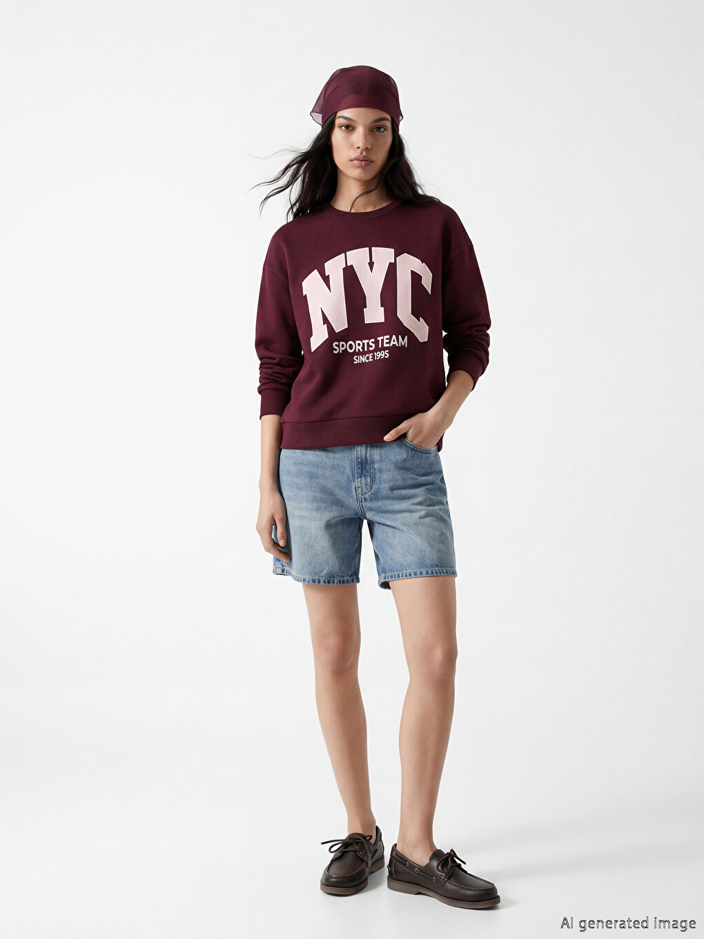 Bordo NYC Baskılı Oversize Kadın Kalın Sweatshirt-1