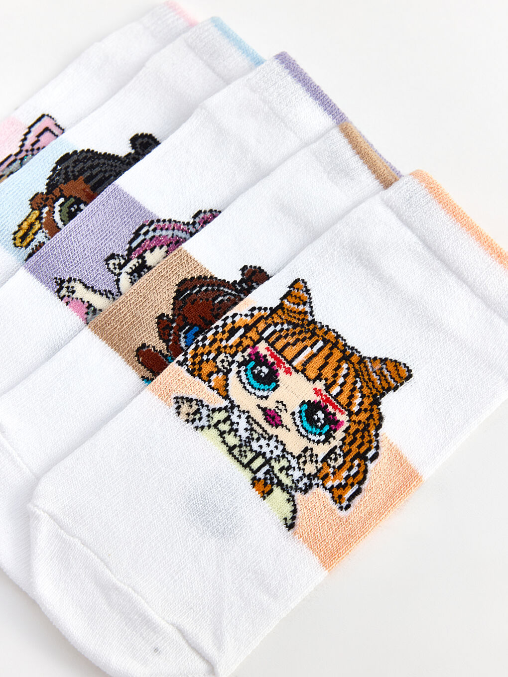 Beyaz LOL Desenli Kız Çocuk Patik Çorap 5'li-6