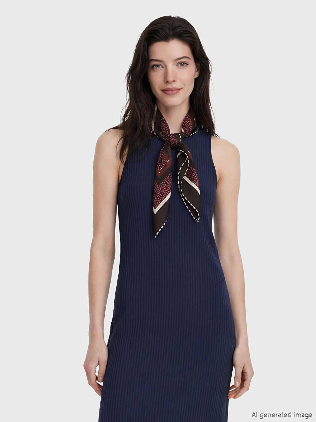 Lacivert Bisiklet Yaka Yırtmaçlı Bodycon Elbise	-1