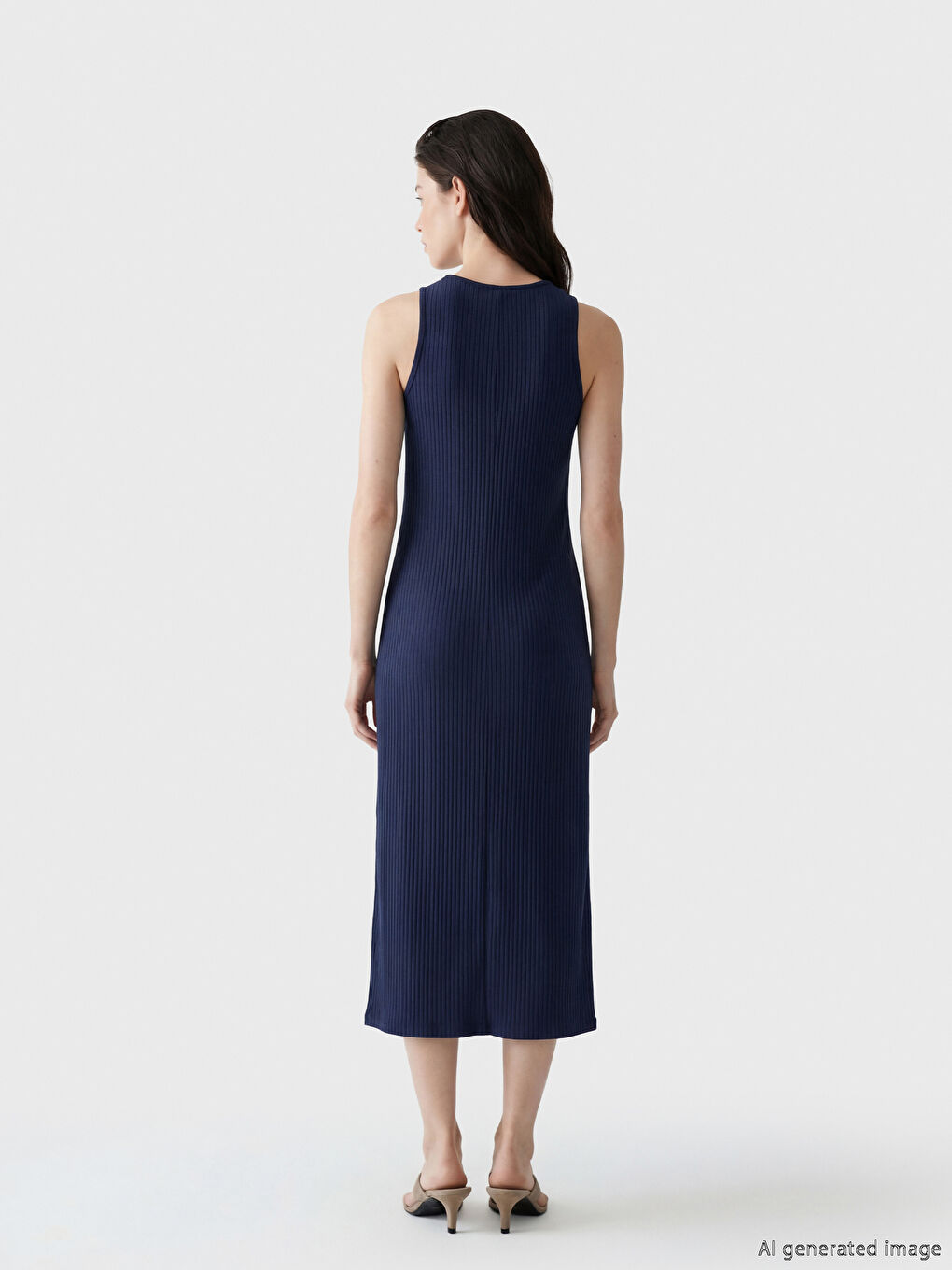 Lacivert Bisiklet Yaka Yırtmaçlı Bodycon Elbise	-2