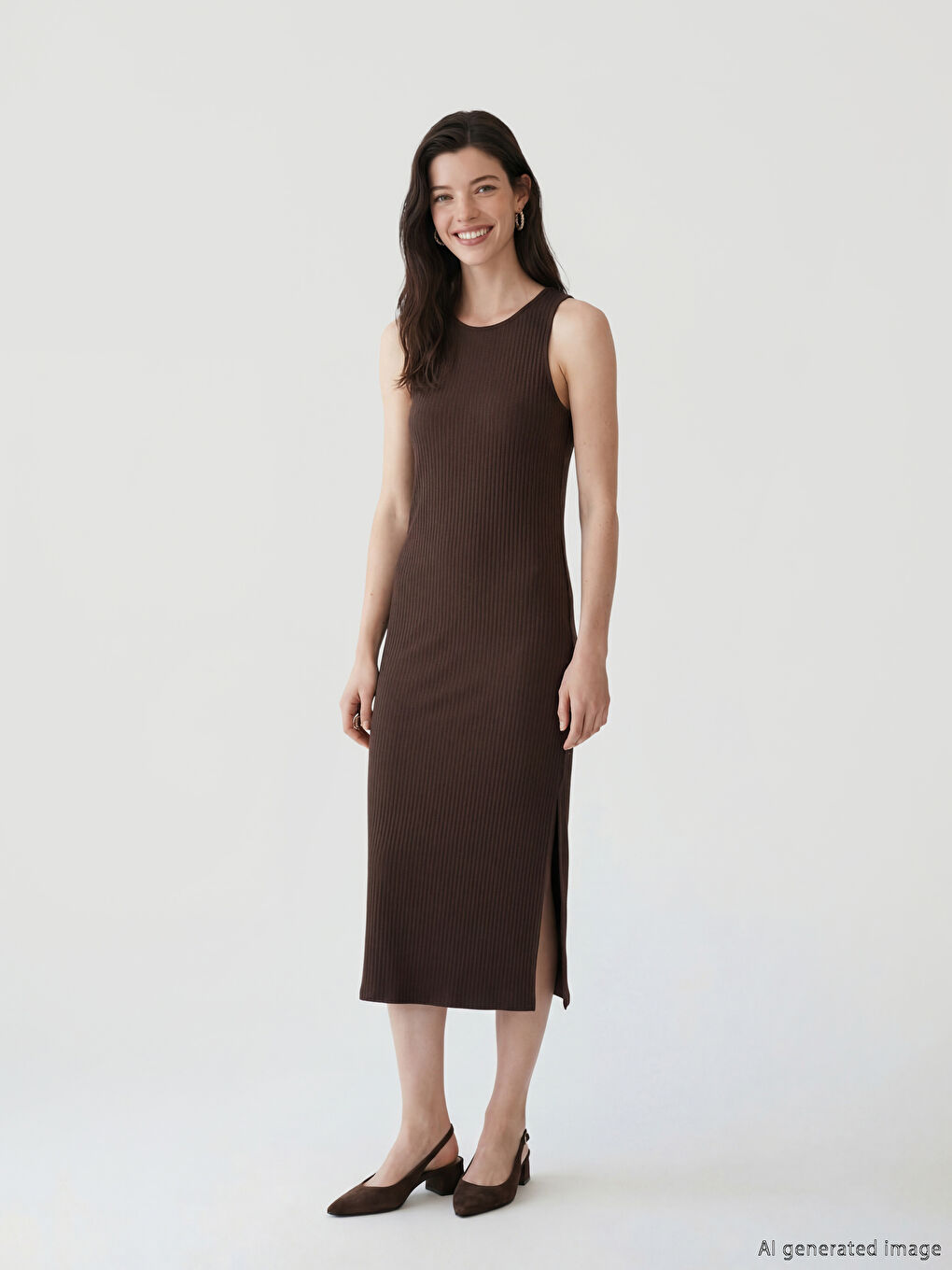 Kahverengi Bisiklet Yaka Yırtmaçlı Bodycon Elbise	-1