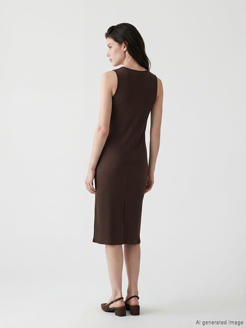 Kahverengi Bisiklet Yaka Yırtmaçlı Bodycon Elbise	-2