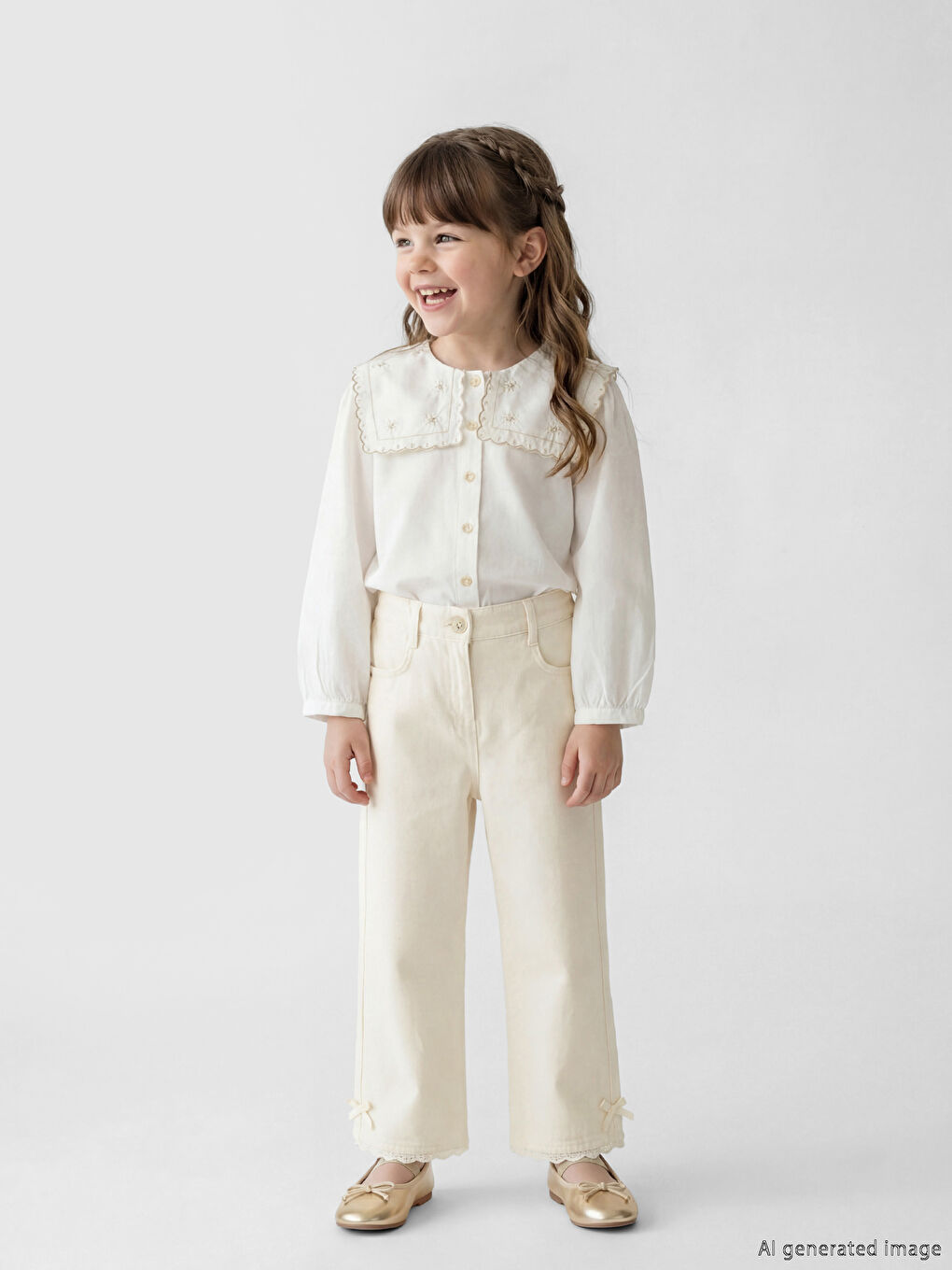 Ekru Fiyonk Detaylı Kız Çocuk Gabardin Pantolon