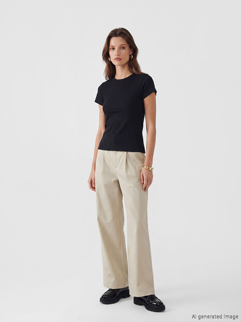 Siyah Bisiklet Yaka Taşlı Kadın Tişört-1