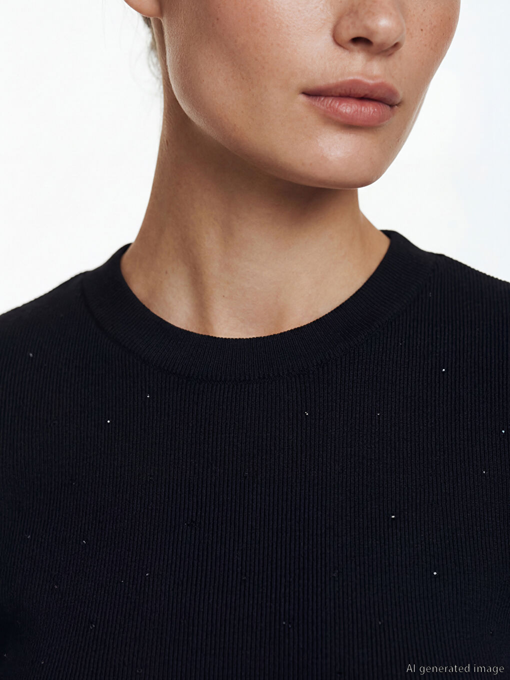 Siyah Bisiklet Yaka Taşlı Kadın Tişört-2