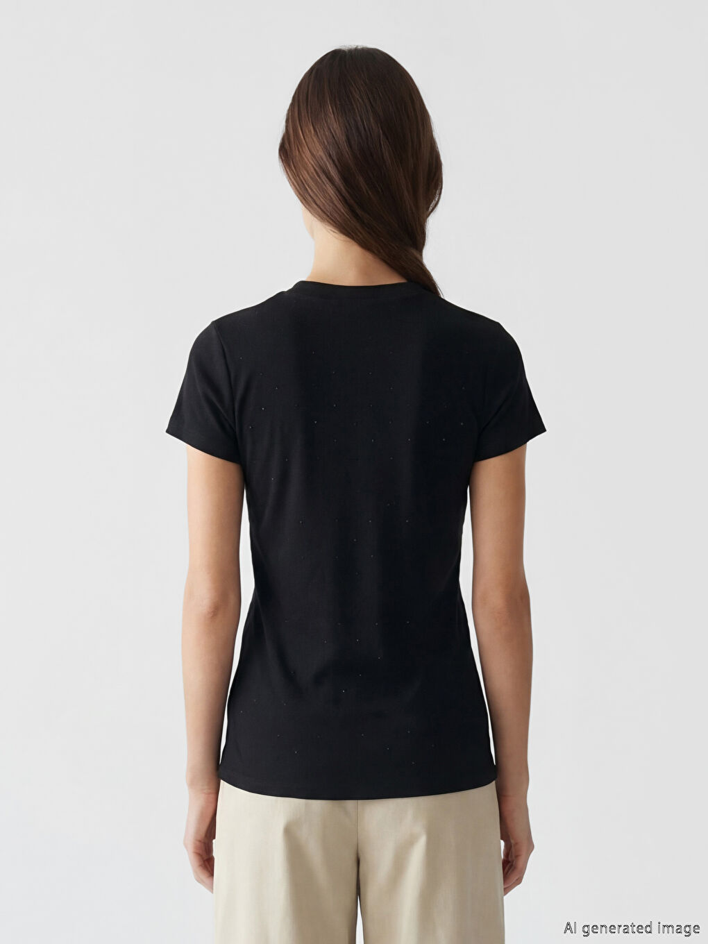 Siyah Bisiklet Yaka Taşlı Kadın Tişört-3