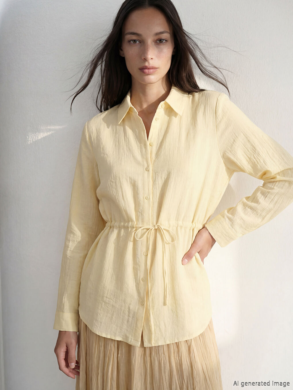 Sarı Oversize Armürlü Kadın Gömlek Tunik