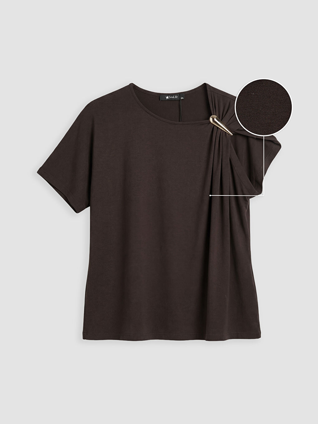 Kahverengi Metal Aplikeli Büzgülü Bluz