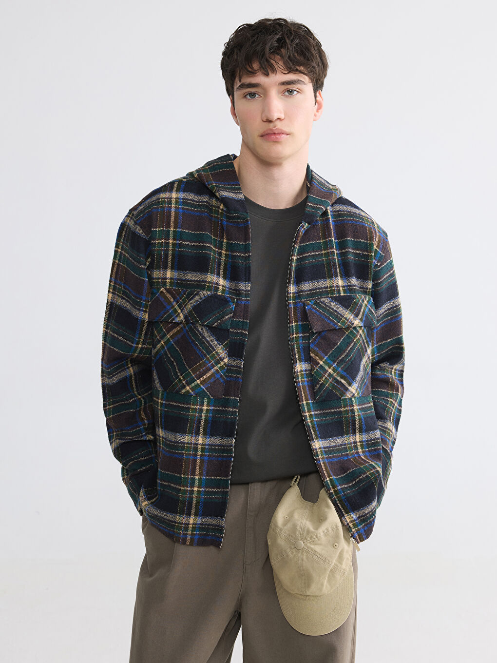 Lacivert Loose Fit Ekose Erkek Oduncu Gömlek Ceket