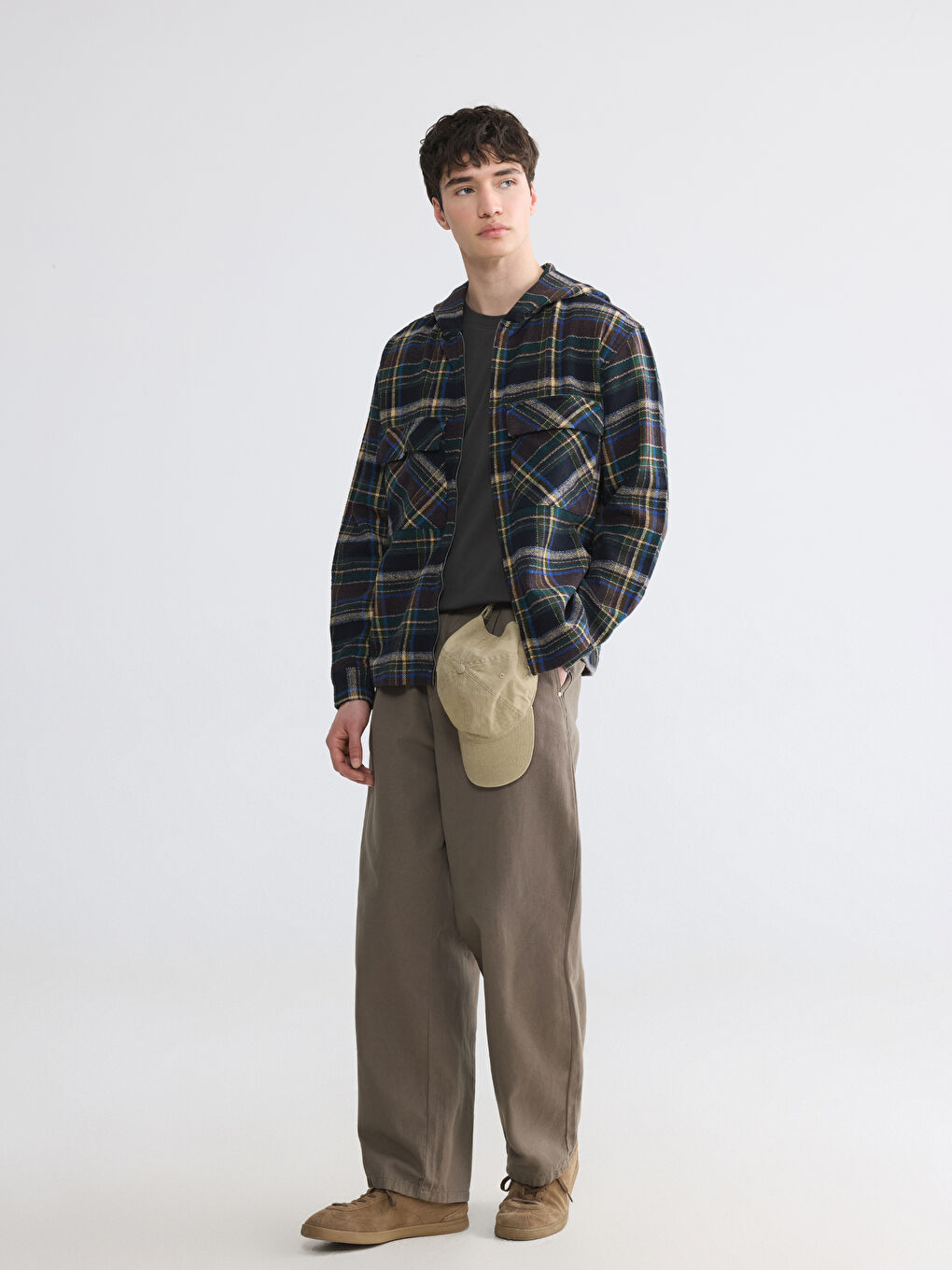 Lacivert Loose Fit Ekose Erkek Oduncu Gömlek Ceket-1