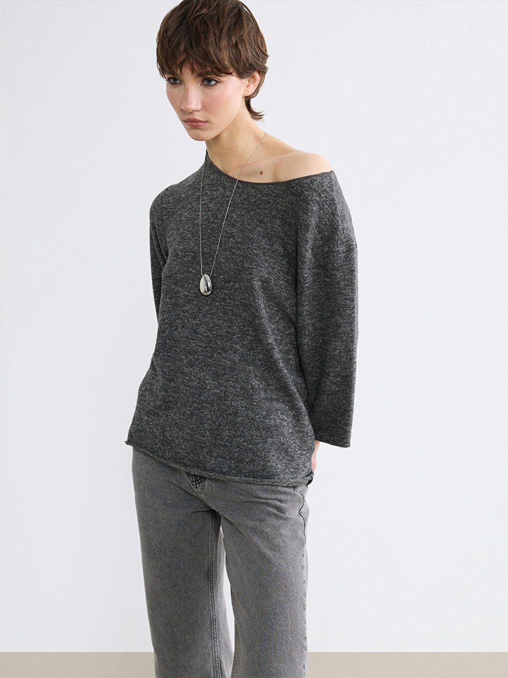 Antrasit Kayık Yaka Bluz-0