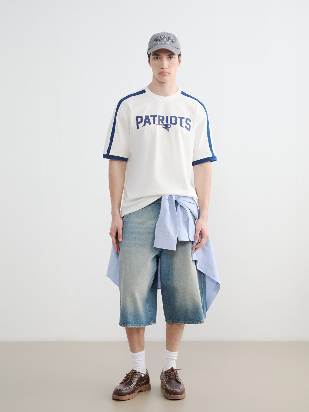 Ekru Patriots Baskılı Bol Kalıp Erkek Tişört-1