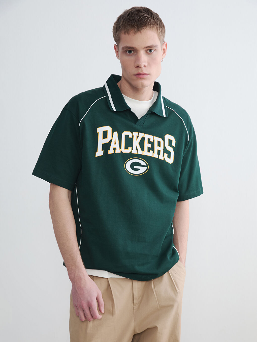 Yeşil Bol Kalıp Packers Baskılı Polo Yaka Erkek Tişört-1