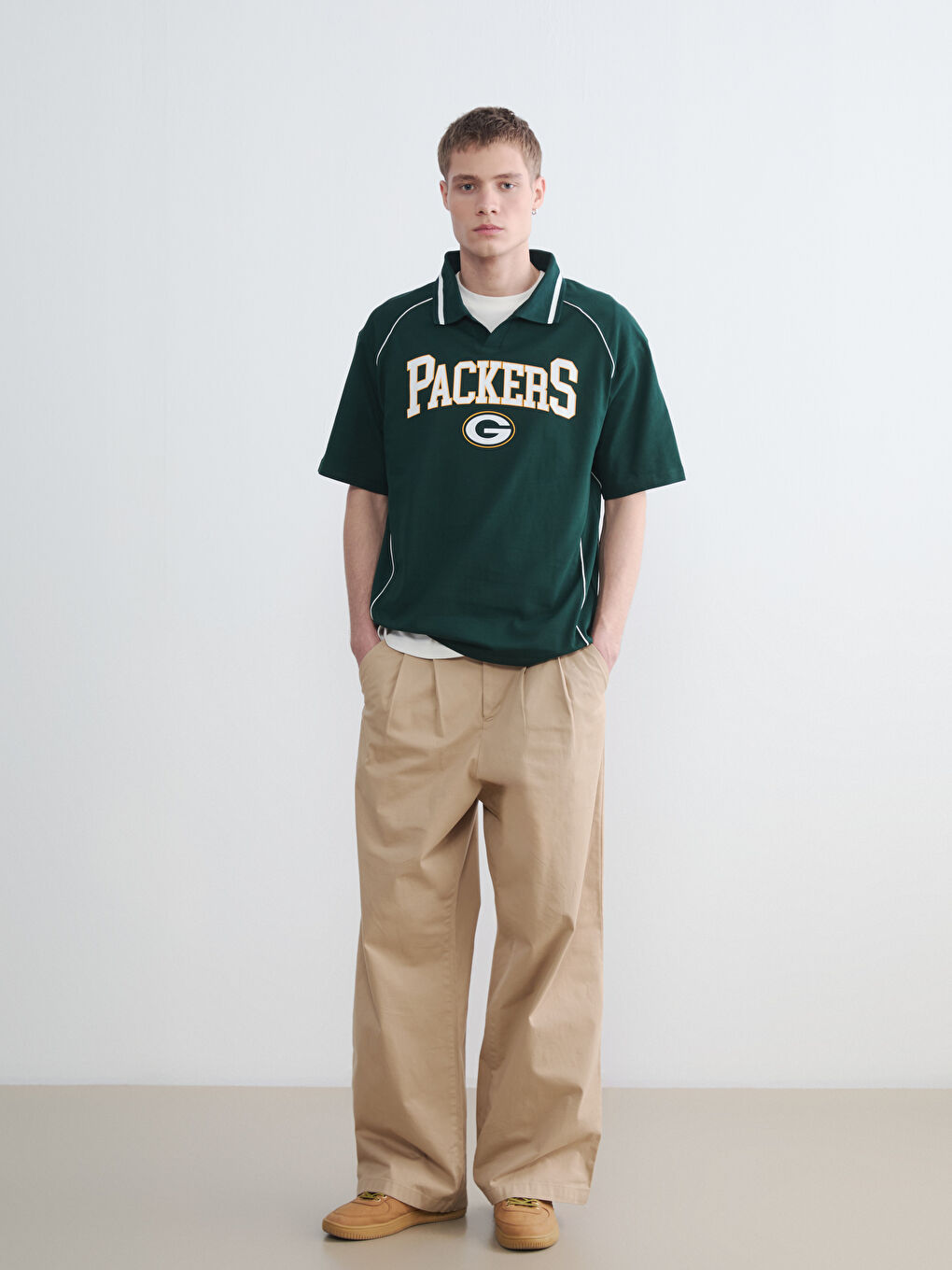Yeşil Bol Kalıp Packers Baskılı Polo Yaka Erkek Tişört-2