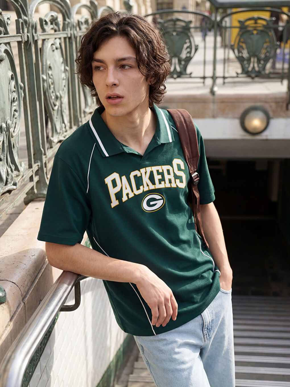 Yeşil Bol Kalıp Packers Baskılı Polo Yaka Erkek Tişört