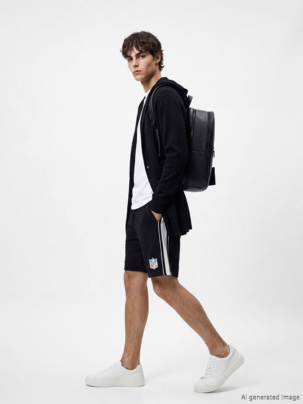 Siyah Standart Kalıp NFL Baskılı Şeritli Erkek Şort