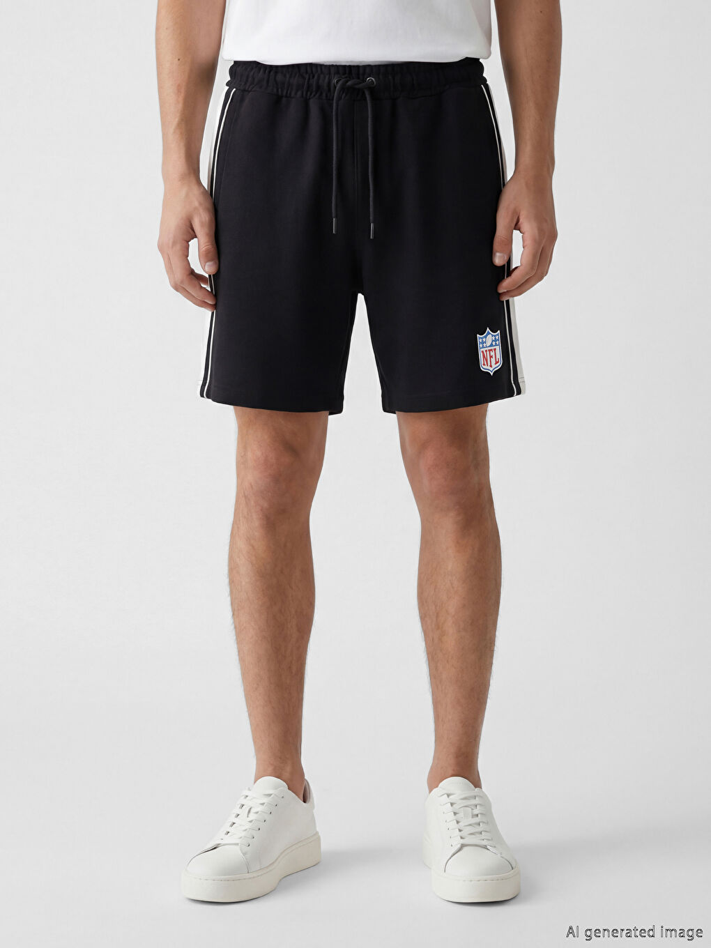 Siyah Standart Kalıp NFL Baskılı Şeritli Erkek Şort-1