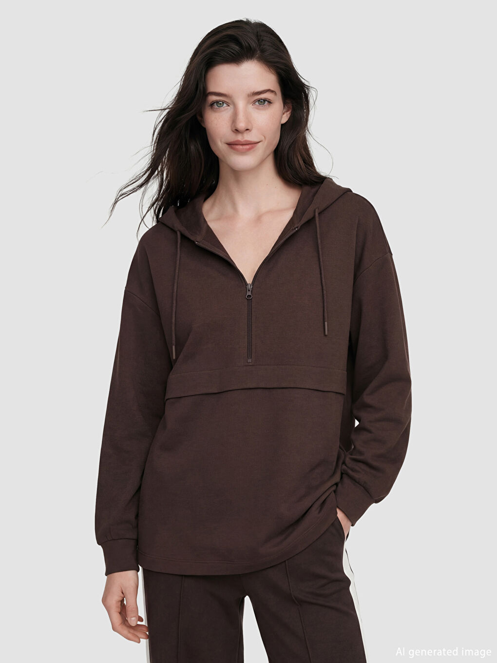 Kahverengi Kapüşonlu Soft Touch Kadın Sweatshirt