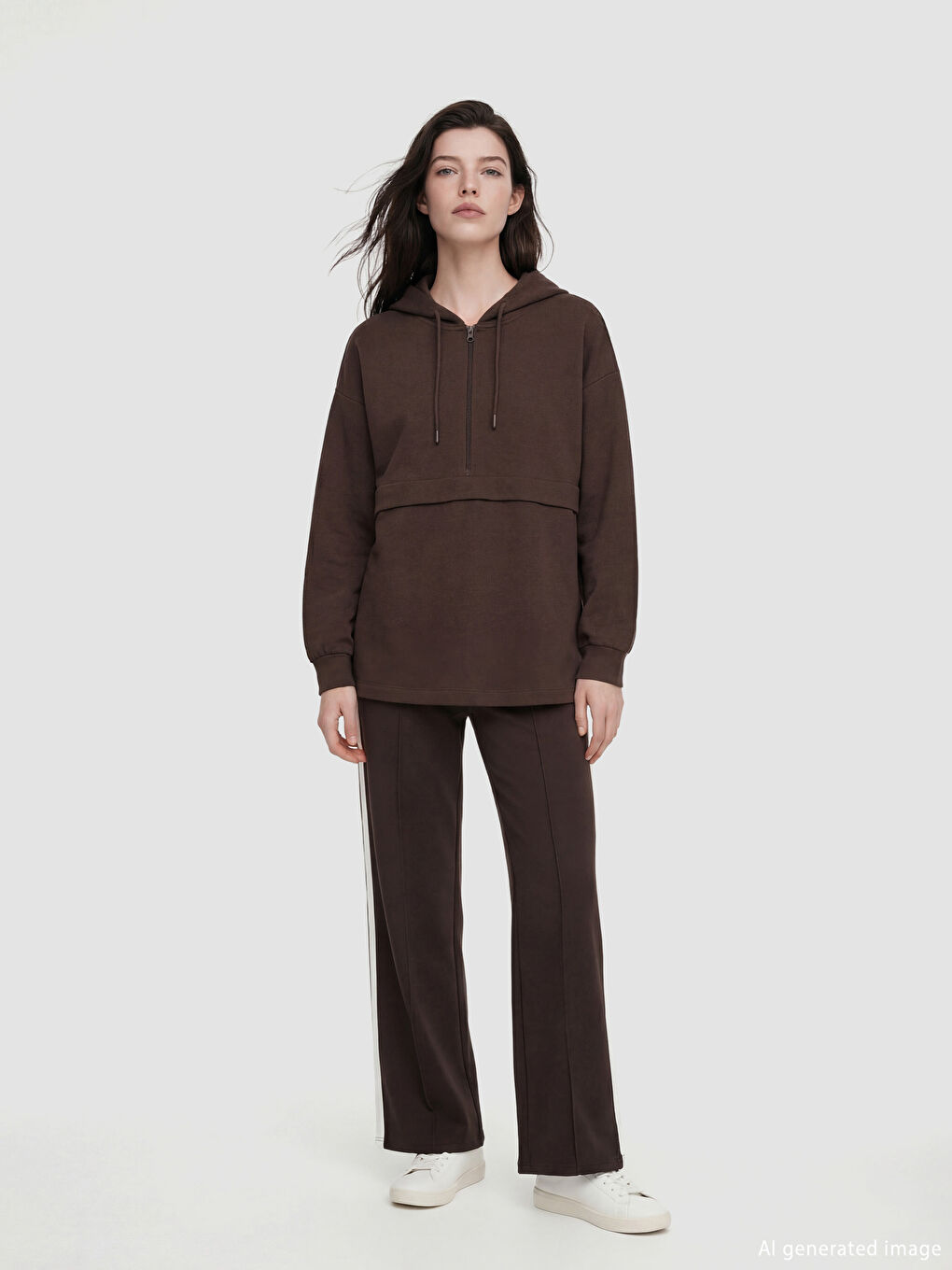 Kahverengi Kapüşonlu Soft Touch Kadın Sweatshirt-1