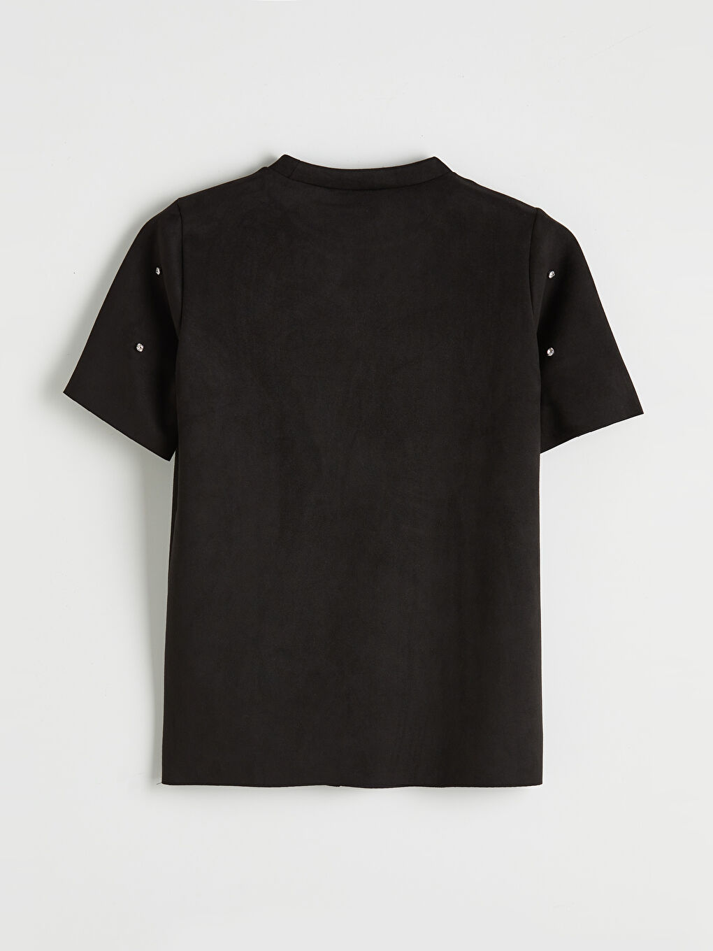 Siyah Bisiklet Yaka Taşlı Kadın Süet Görünümlü Tişört-1