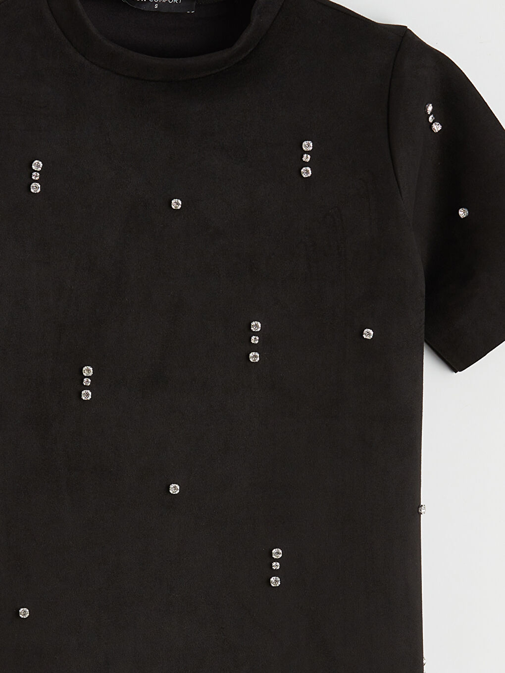 Siyah Bisiklet Yaka Taşlı Kadın Süet Görünümlü Tişört-2