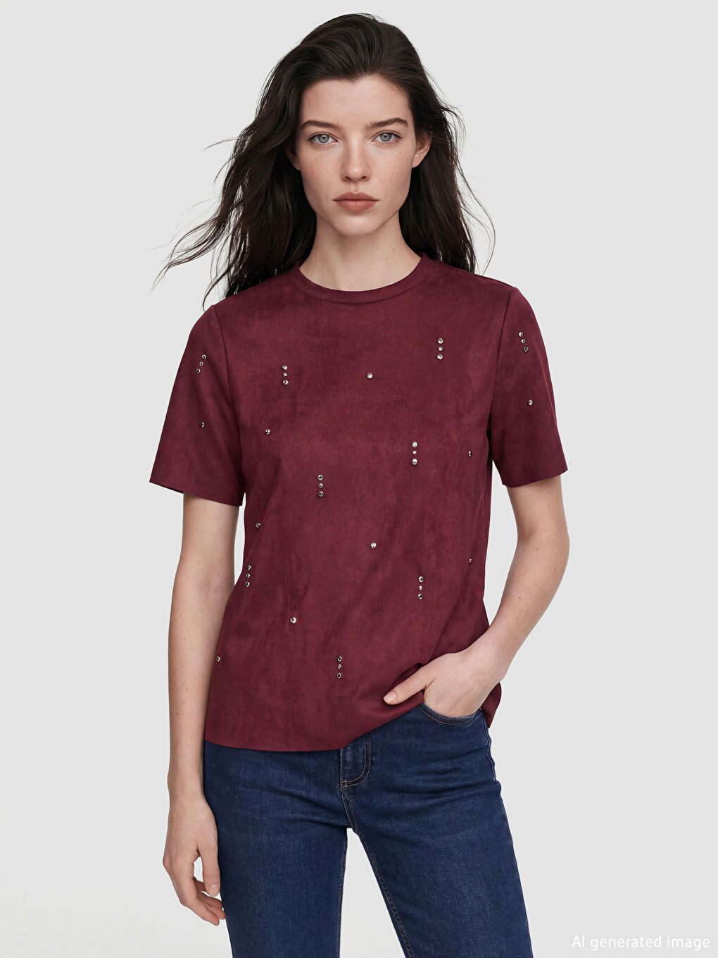 Mürdüm Bisiklet Yaka Taşlı Kadın Süet Görünümlü Tişört